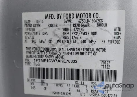 2010 Ford F-150 Stx/Xl/Xlt z USA, uszkodzony, nr VIN 1FTMF1CW7AKE78332